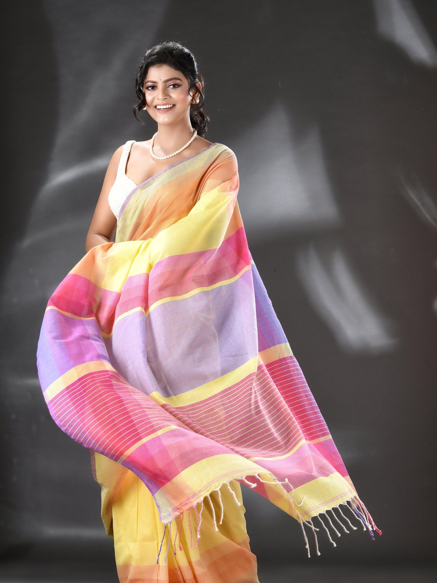 Light yellow with multicolour pure mul cotton handloom saree