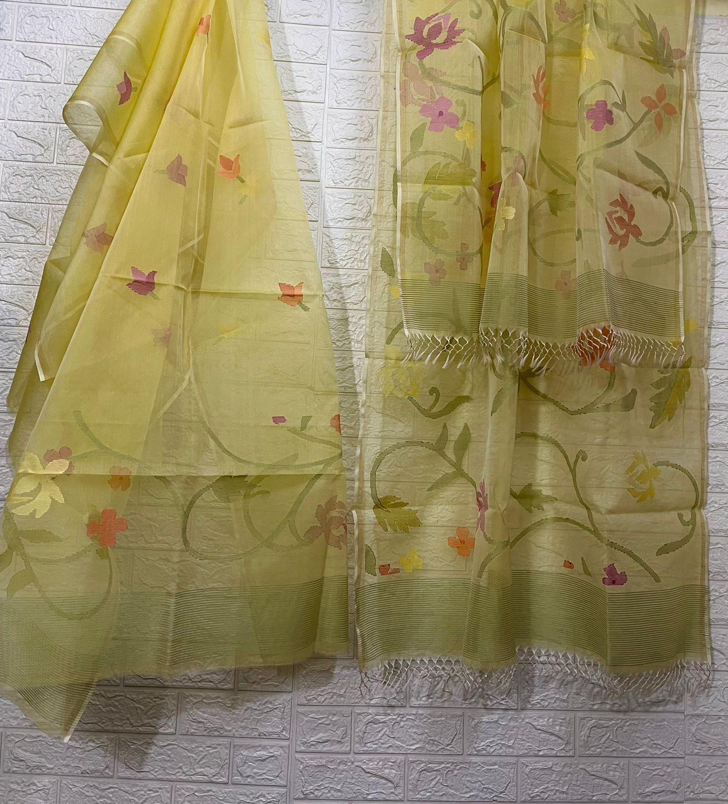 Light yellow with multi colour allover floral muslin silk kurta & dupatta set - Tamal Boutique