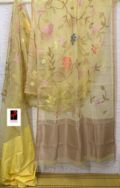 Light yellow with tusser border muslin silk allover floral handwoven jamdani saree - Tamal Boutique