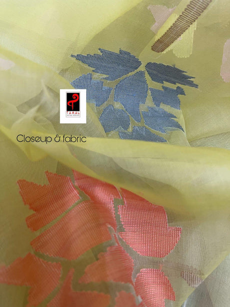 Light yellow with tusser border muslin silk allover floral handwoven jamdani saree - Tamal Boutique