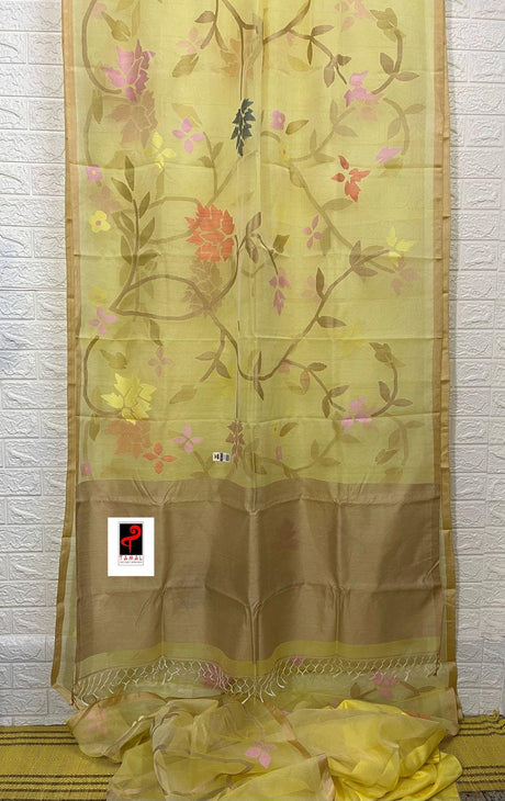 Light yellow with tusser border muslin silk allover floral handwoven jamdani saree - Tamal Boutique