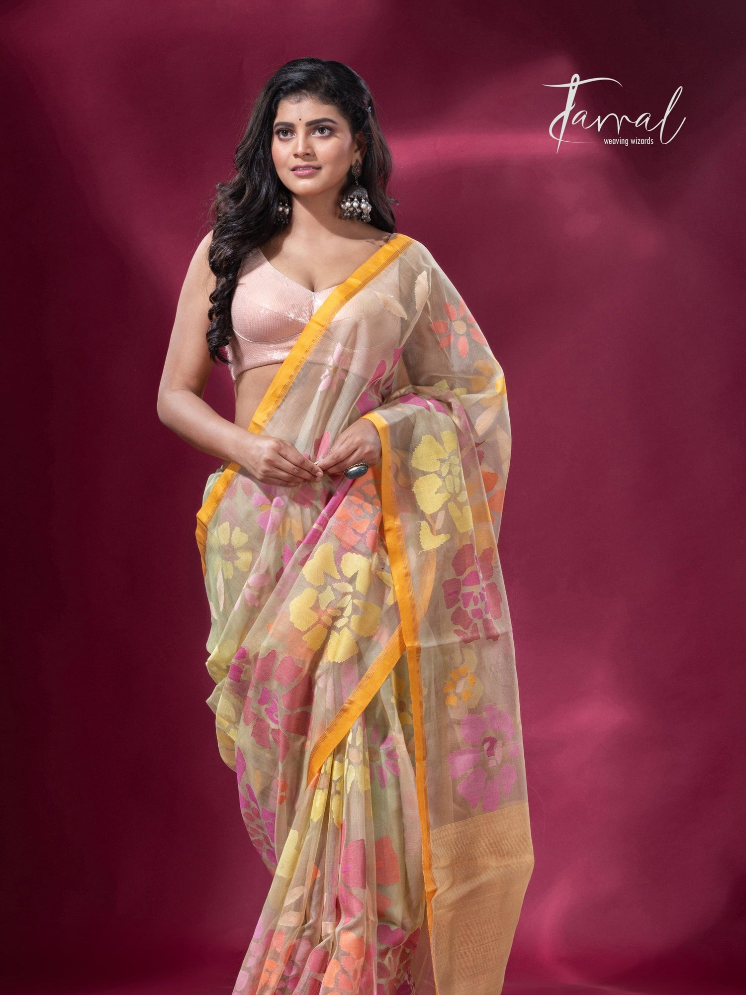 Light yellowish allover floral motifs handwoven jamdani saree