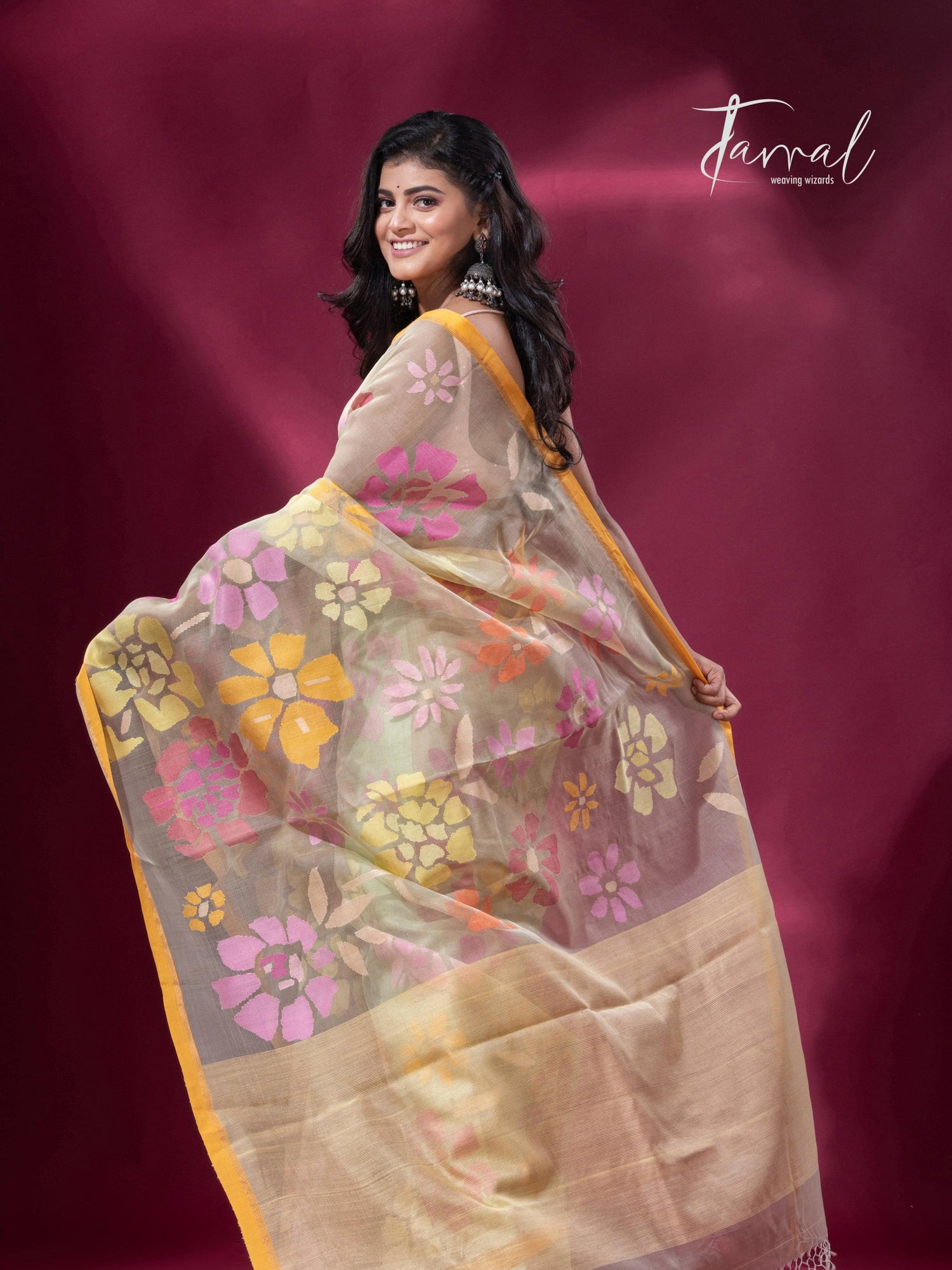 Light yellowish allover floral motifs handwoven jamdani saree back
