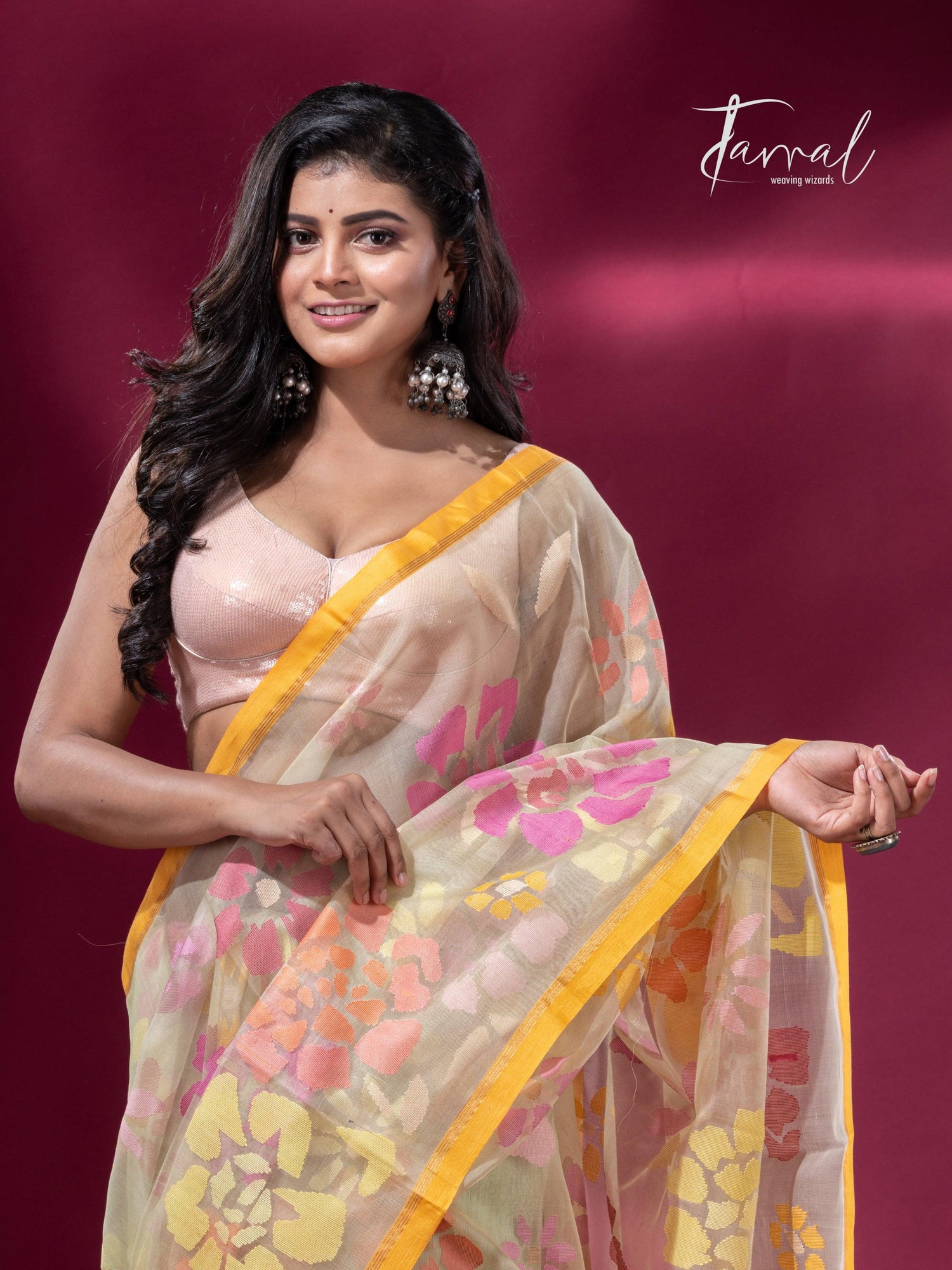 Light yellowish allover floral motifs handwoven jamdani saree cls