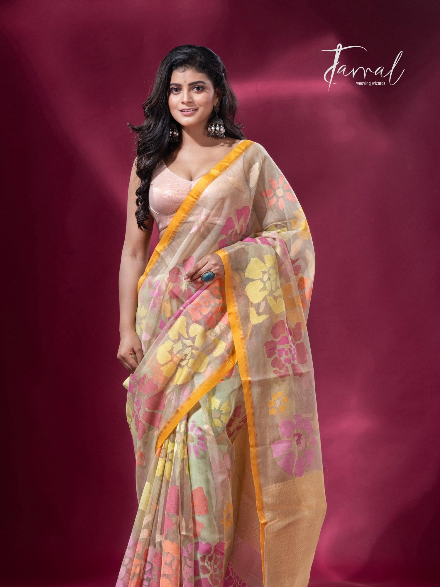 Light yellowish allover floral motifs handwoven jamdani saree full