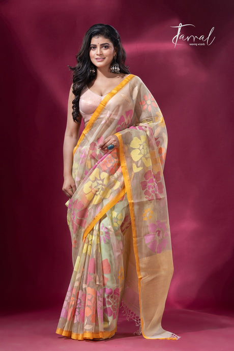 Light yellowish allover floral motifs handwoven jamdani saree full