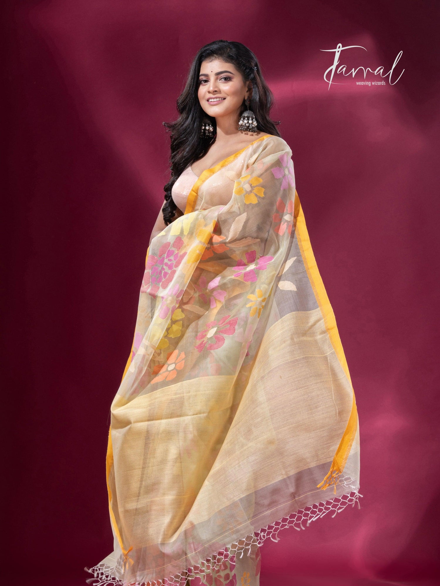 Light yellowish allover floral motifs handwoven jamdani saree left