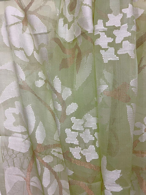 Light appeal green with white allover floral handwoven muslin silk Kurti & Dupatta set