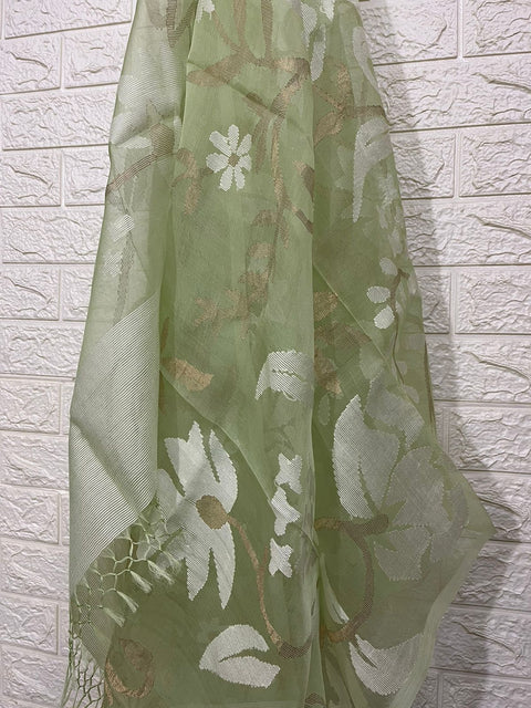 Light appeal green with white allover floral handwoven muslin silk Kurti & Dupatta set