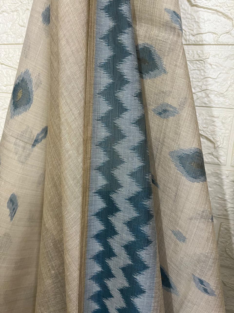 Light beige with blue & sky blue silk cotton katki handloom saree - Tamal Boutique
