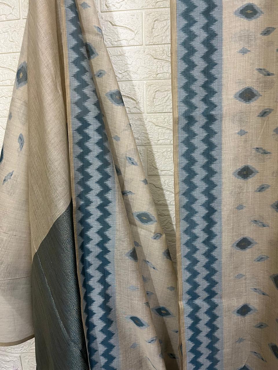 Light beige with blue & sky blue silk cotton katki handloom saree - Tamal Boutique