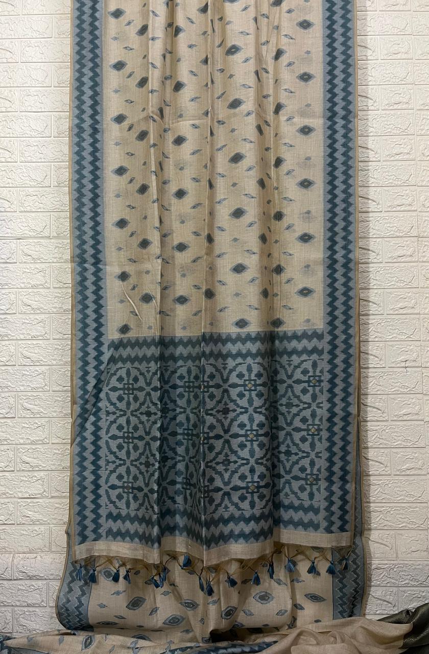 Light beige with blue & sky blue silk cotton katki handloom saree - Tamal Boutique