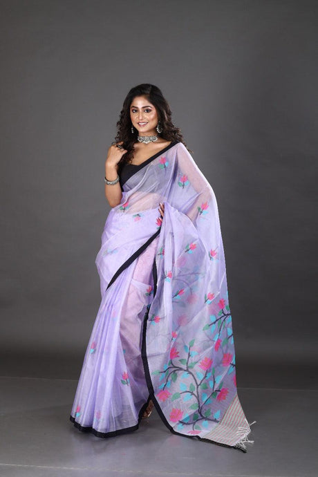Light lavender with black border and multi colour floral handwoven jamadani saree - Tamal Boutique