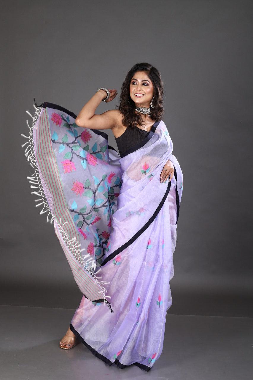Light lavender with black border and multi colour floral handwoven jamadani saree - Tamal Boutique
