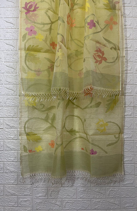 Light yellow with multi colour allover floral muslin silk kurta & dupatta set