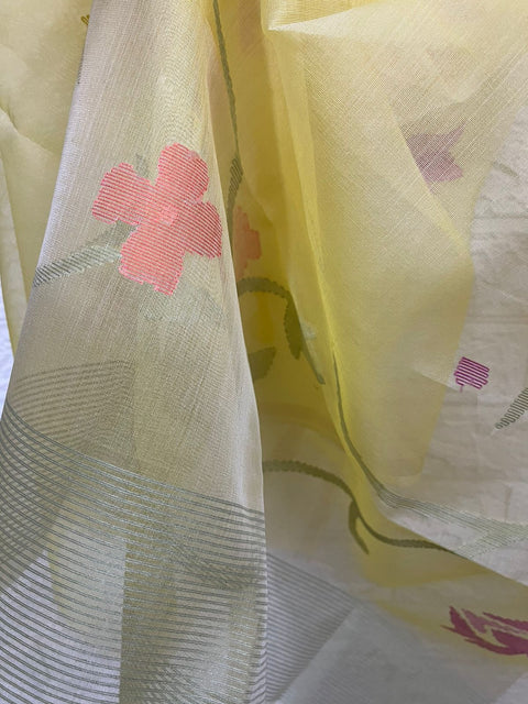 Light yellow with multi colour allover floral muslin silk kurta & dupatta set