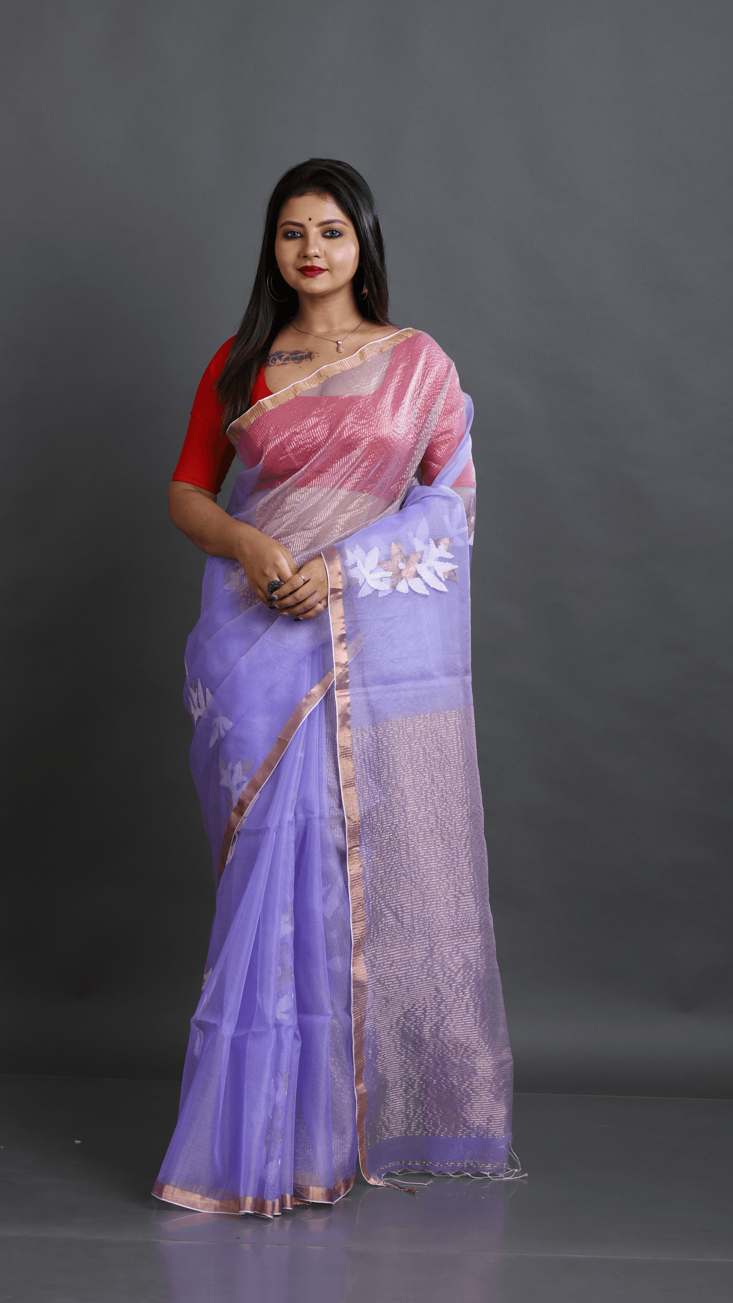 Lilac Organza silk Stripe With Floral buta handwoven jamdani saree - Tamal Boutique