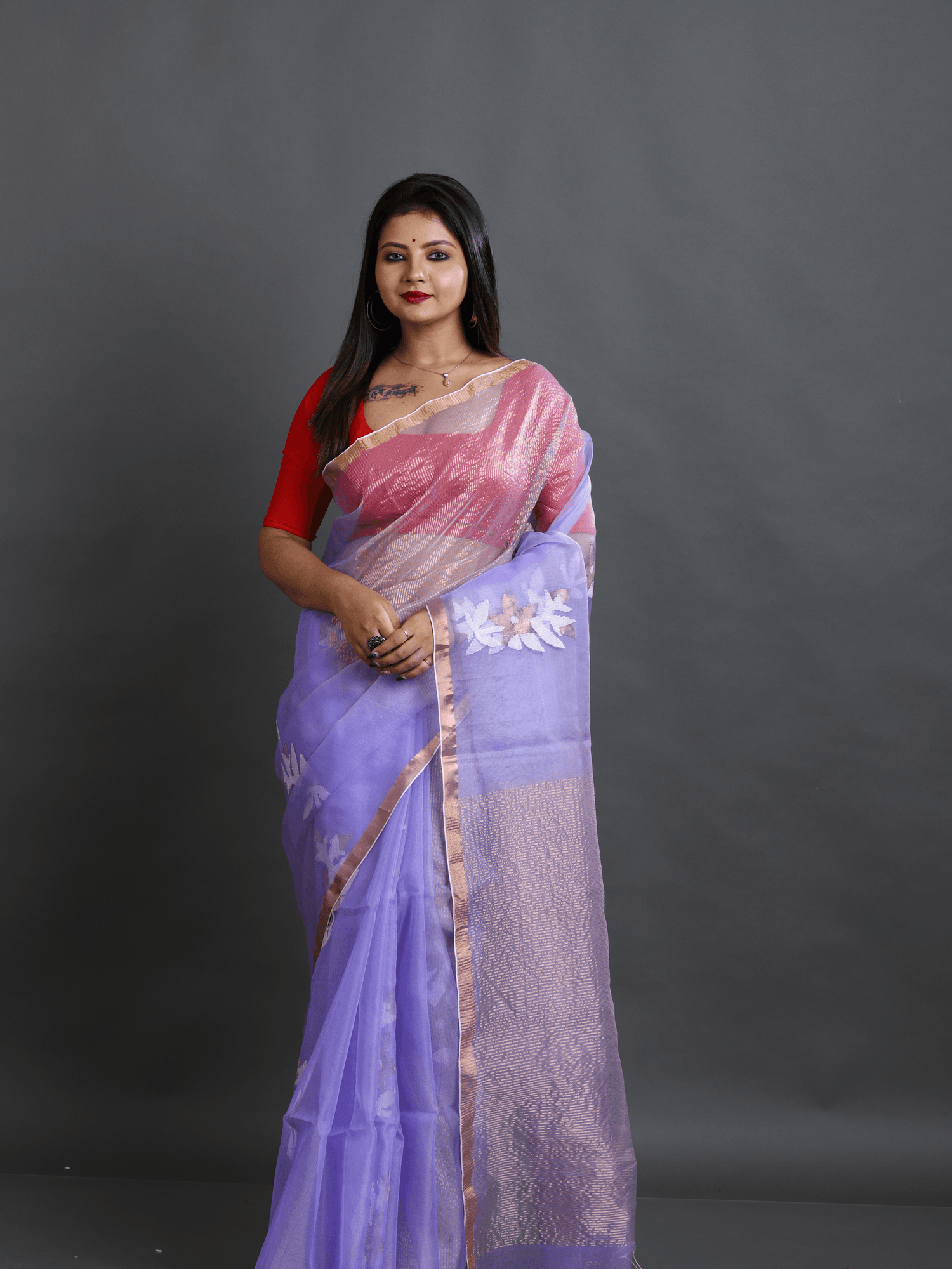 Lilac Organza silk Stripe With Floral buta handwoven jamdani saree - Tamal Boutique