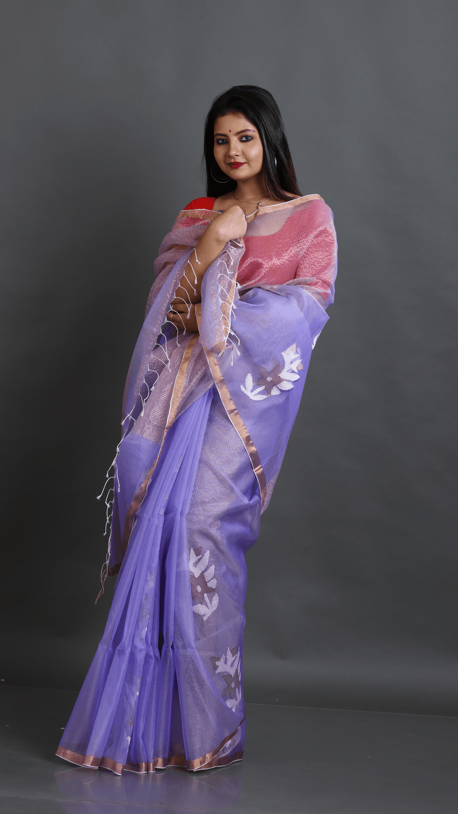 Lilac Organza silk Stripe With Floral buta handwoven jamdani saree - Tamal Boutique