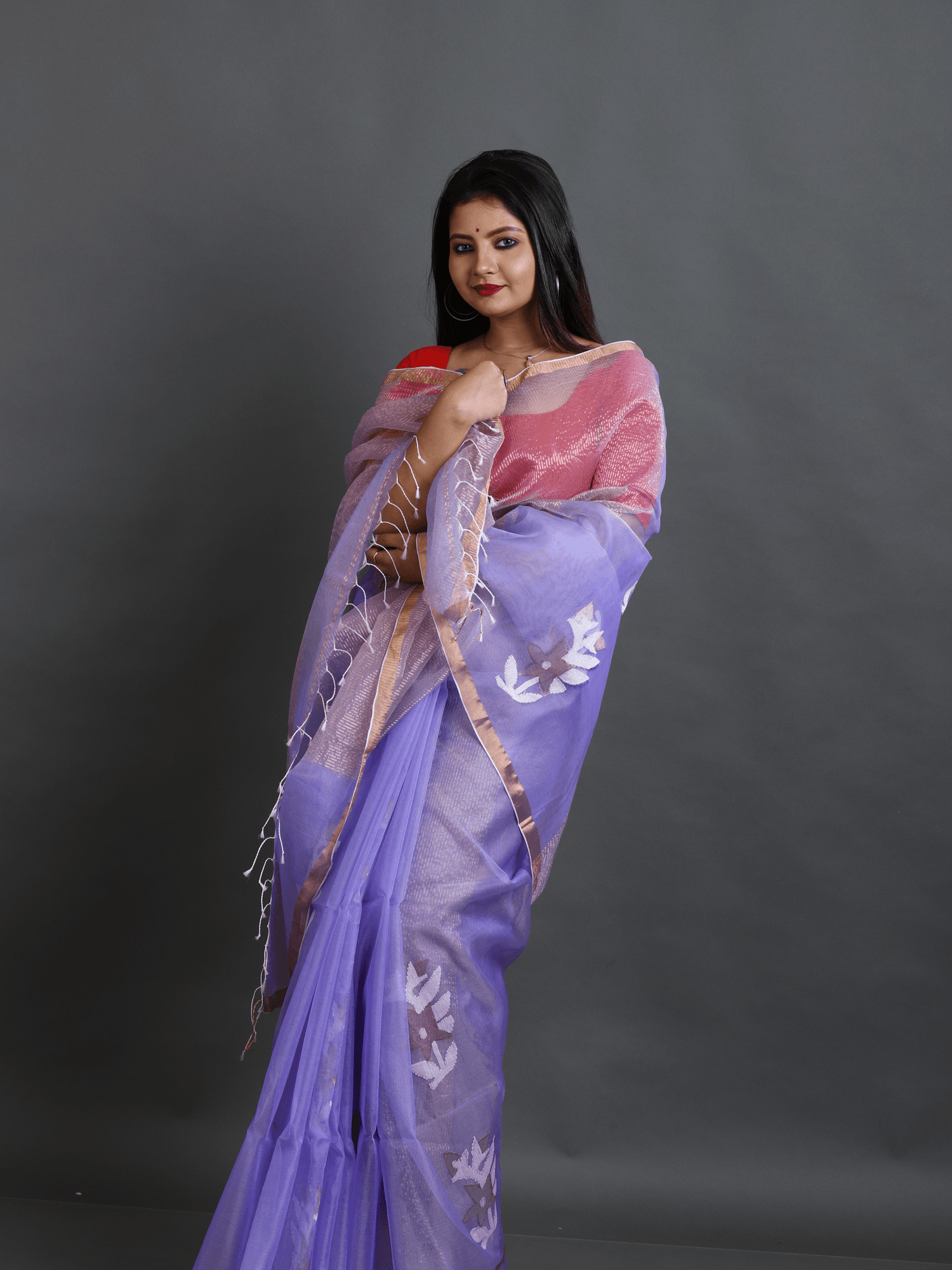 Lilac Organza silk Stripe With Floral buta handwoven jamdani saree - Tamal Boutique