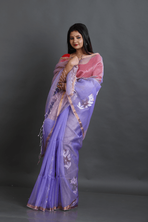 Lilac Organza silk Stripe With Floral buta handwoven jamdani saree - Tamal Boutique