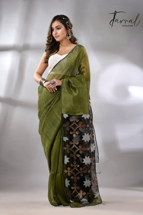 Linen handwoven jamdani saree in green and black star pallu