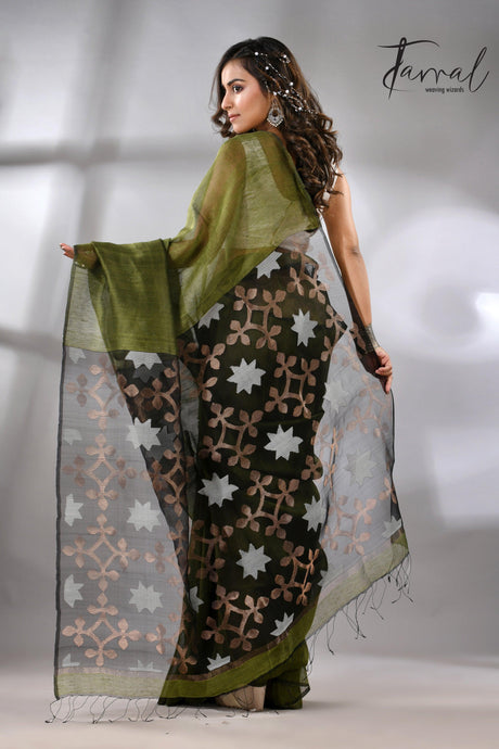 Linen handwoven jamdani saree in green and black star pallu back
