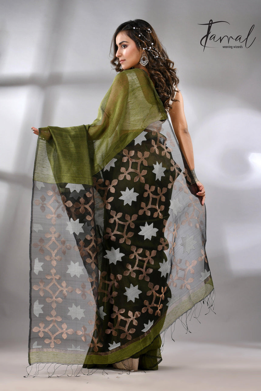Linen handwoven jamdani saree in green and black star pallu back