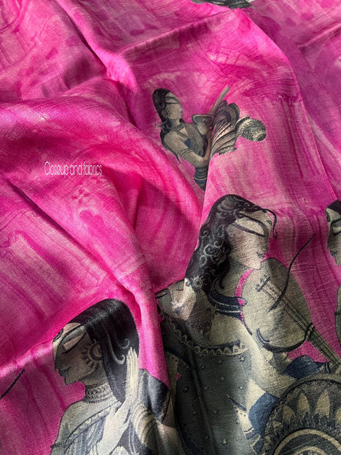 Lotus pink colour printed katan silk saree