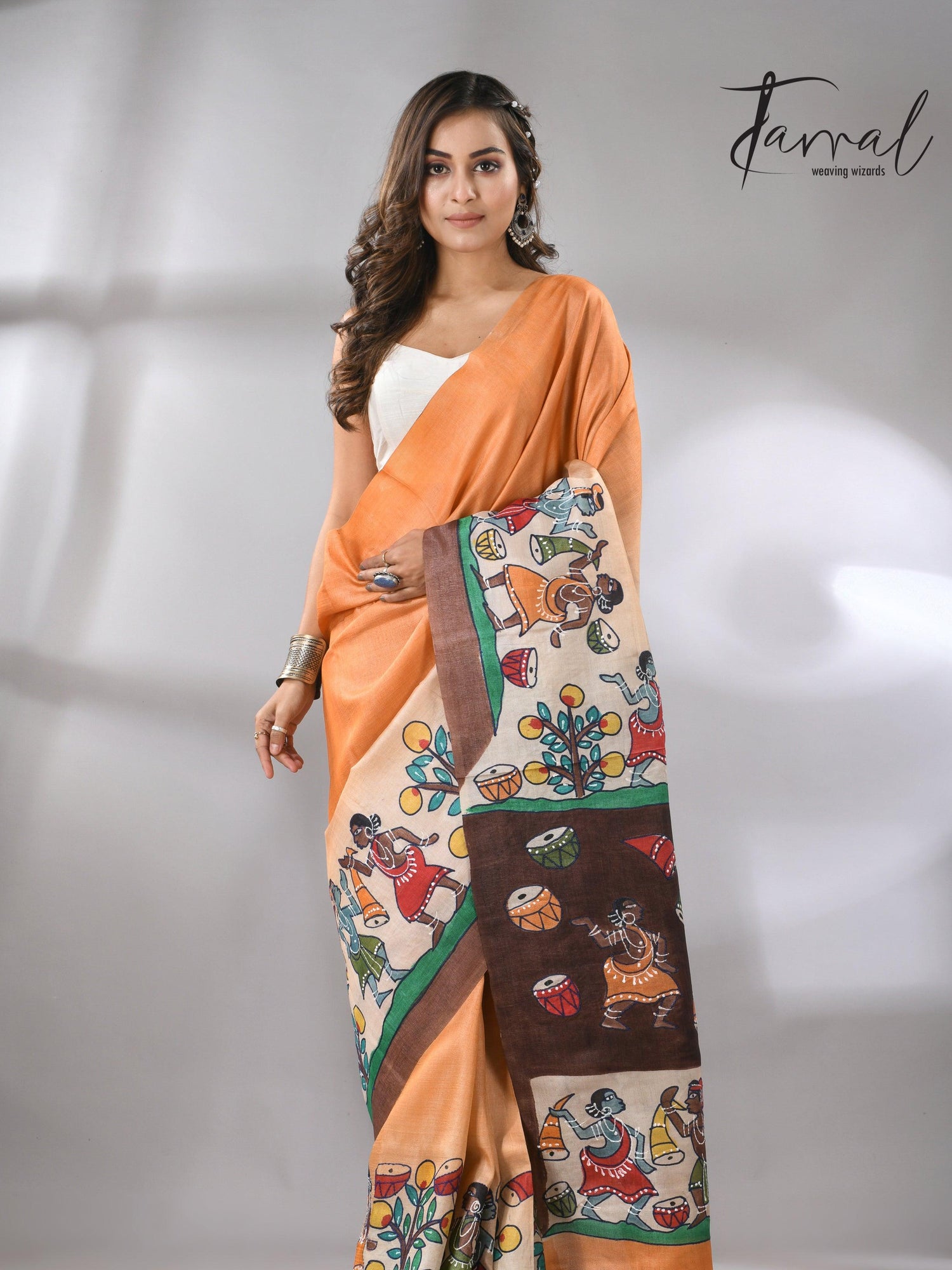 Madhubani Hand-Painted Saree in saffron and brown tussar silk design