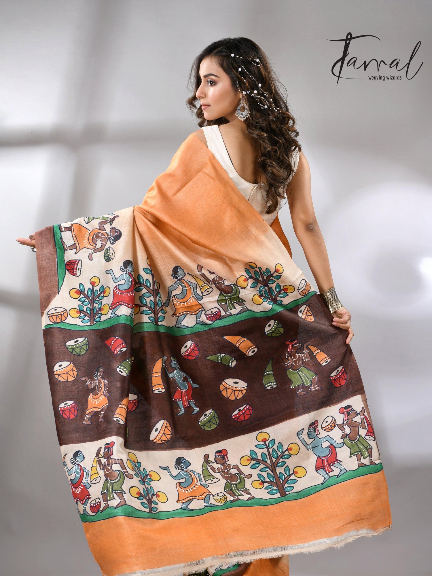 Madhubani Hand-Painted Saree in saffron and brown tussar silk design back