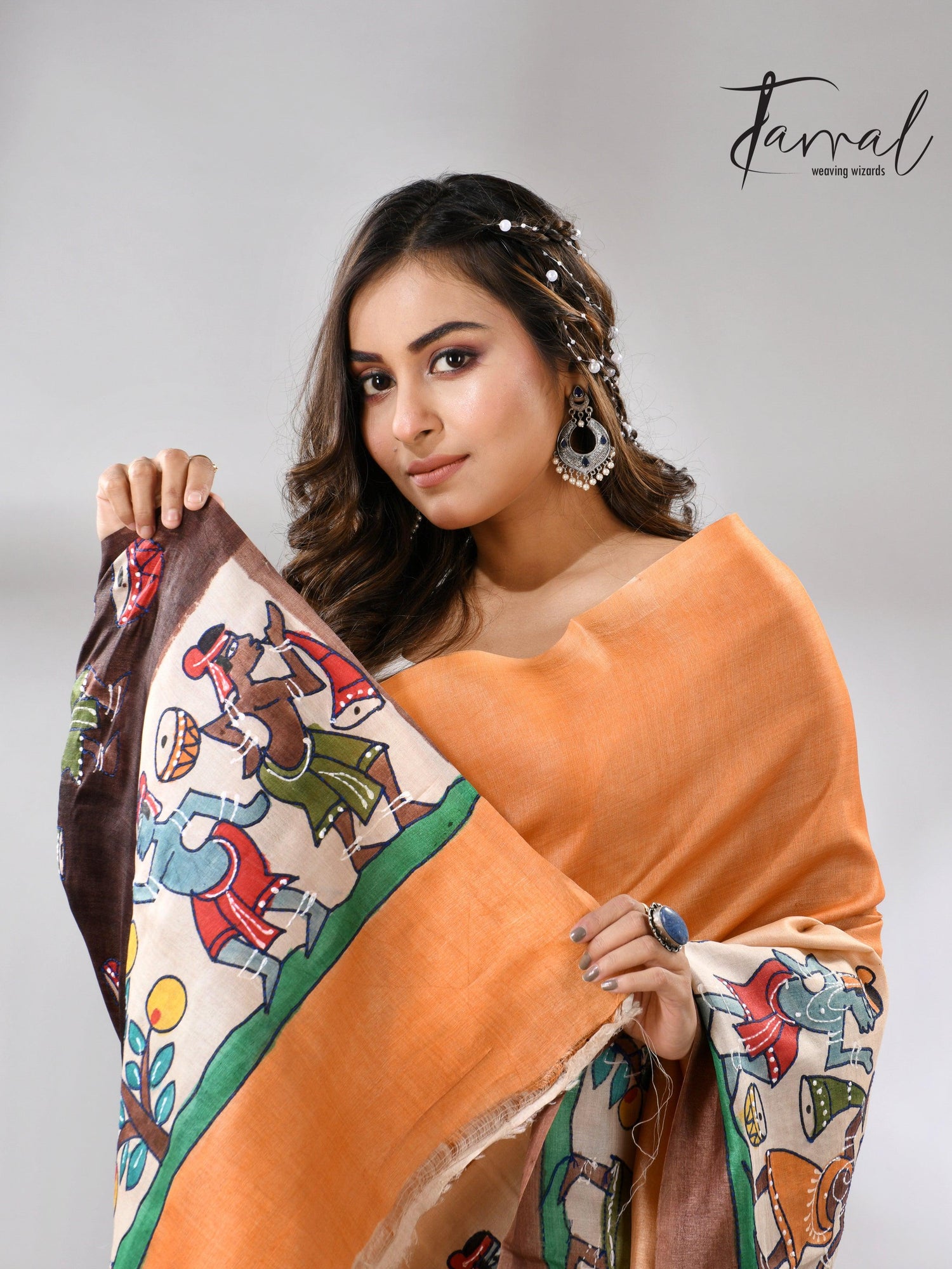 Madhubani Hand-Painted Saree in saffron and brown tussar silk design cls
