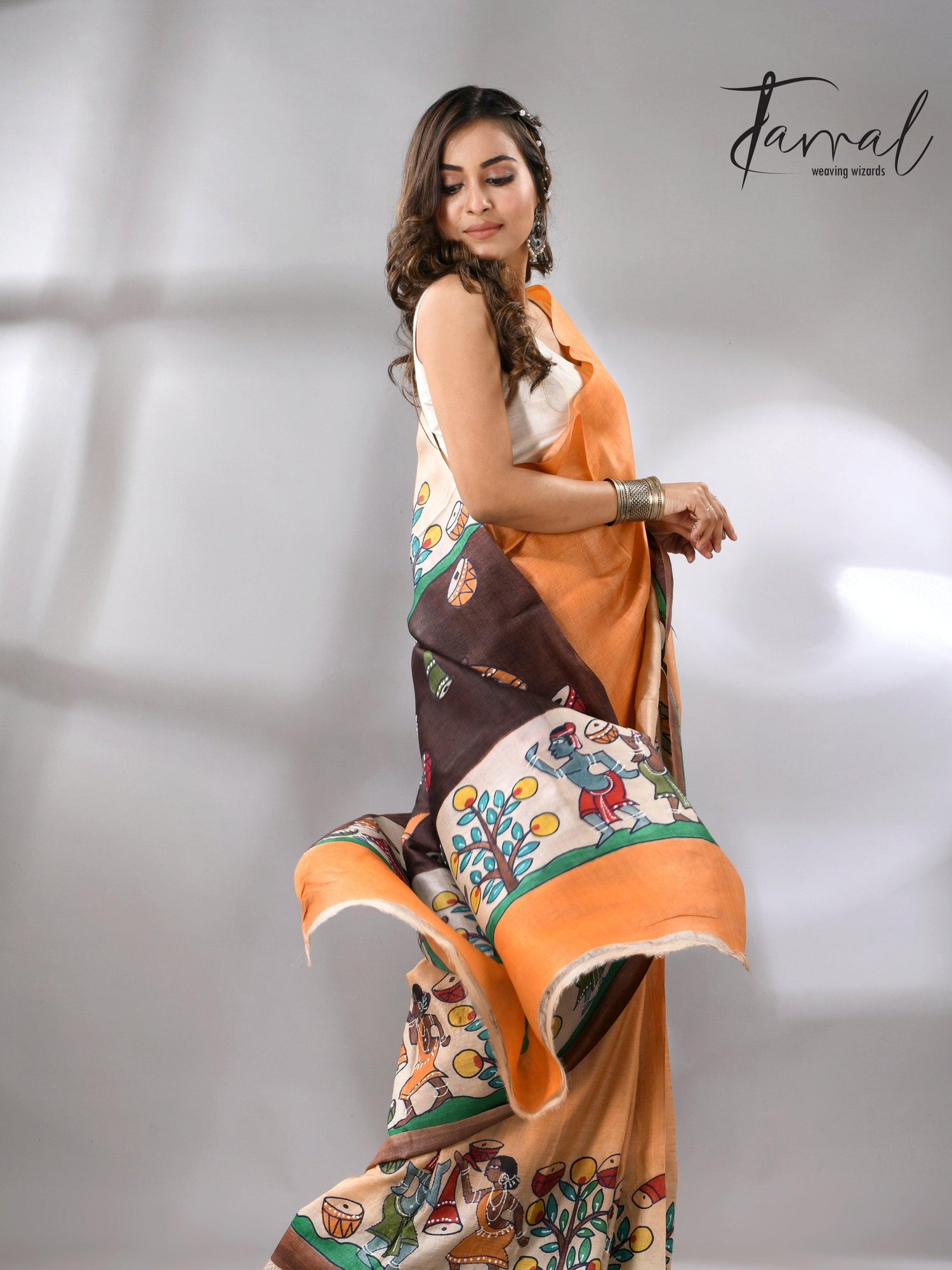 Madhubani Hand-Painted Saree in saffron and brown tussar silk design left