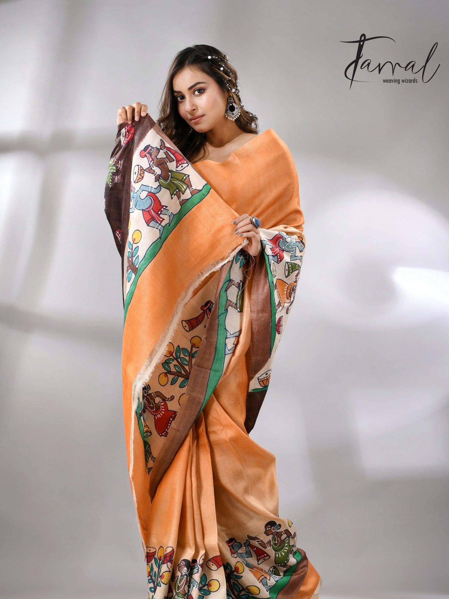 Madhubani Hand-Painted Saree in saffron and brown tussar silk design left2