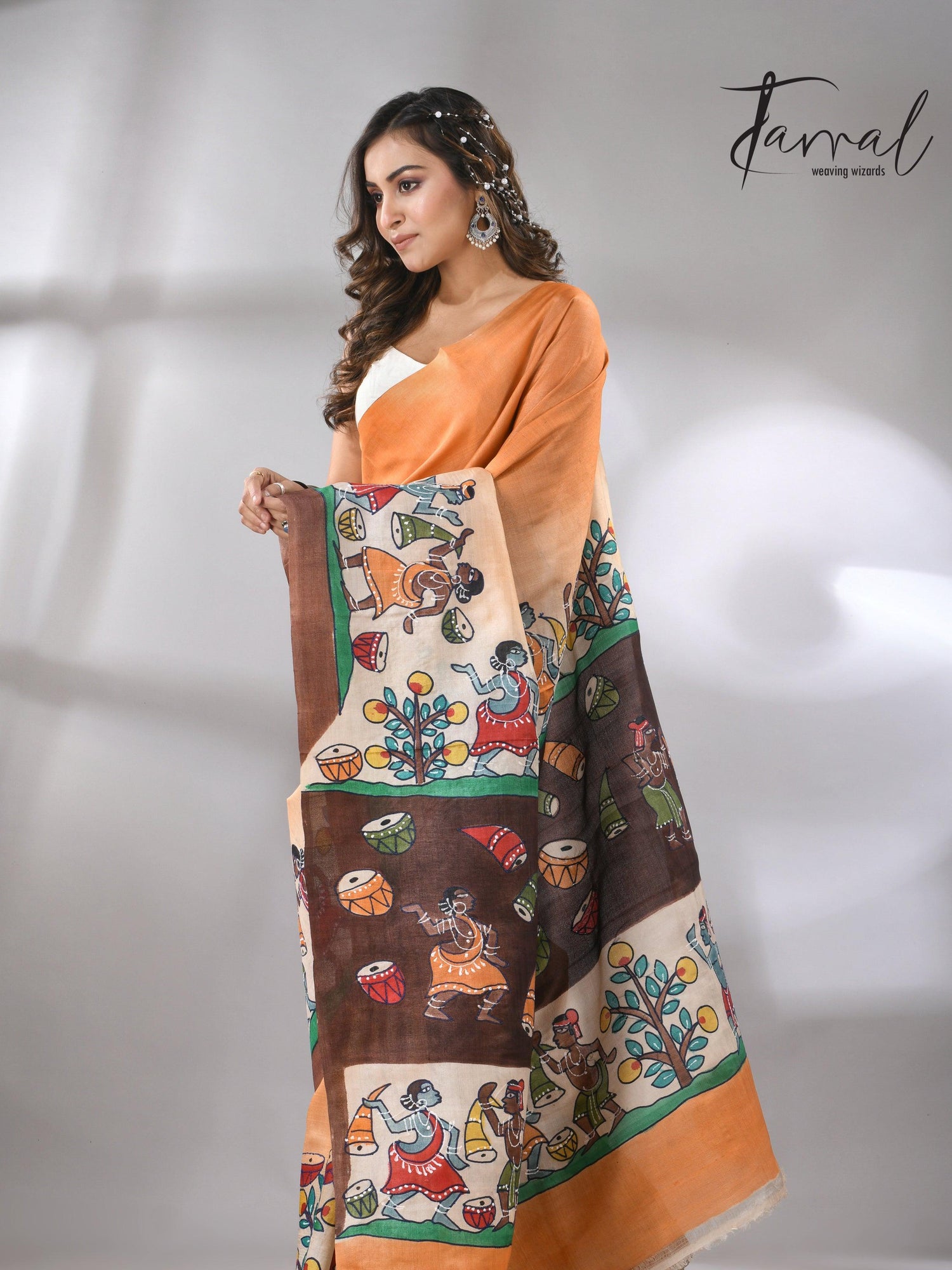 Madhubani Hand-Painted Saree in saffron and brown tussar silk design right