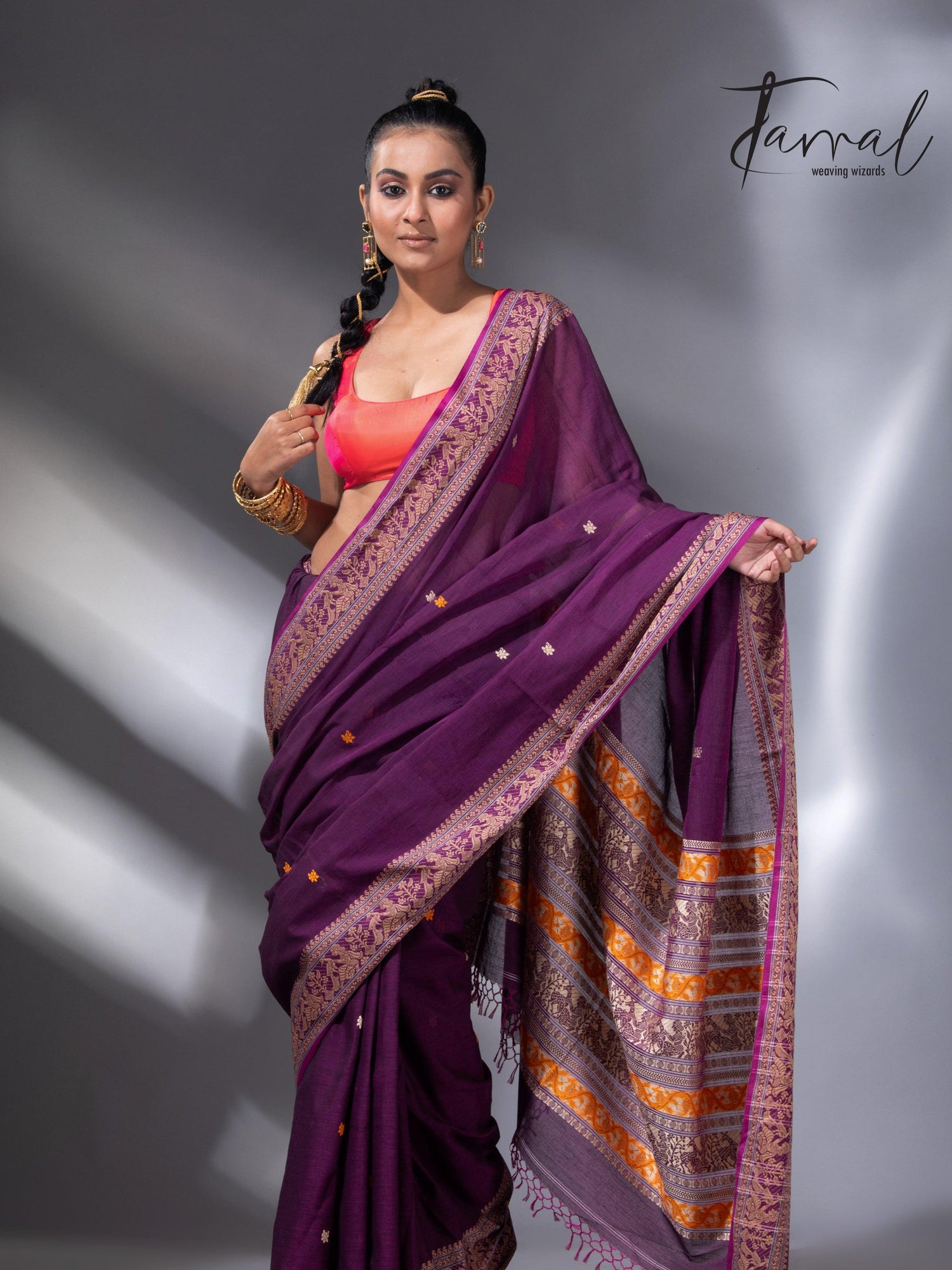 Magenta colour baluchari design pure cotton handloom saree
