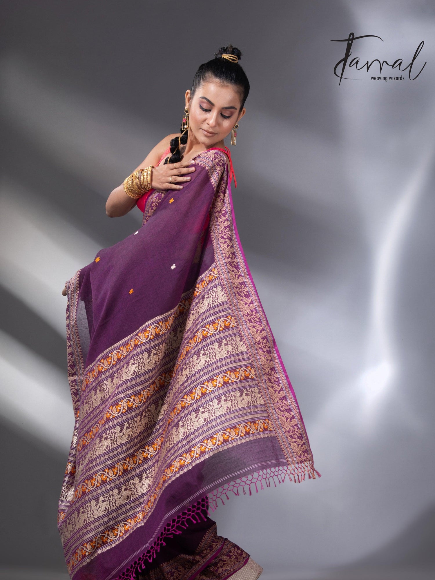 Magenta colour baluchari design pure cotton handloom saree