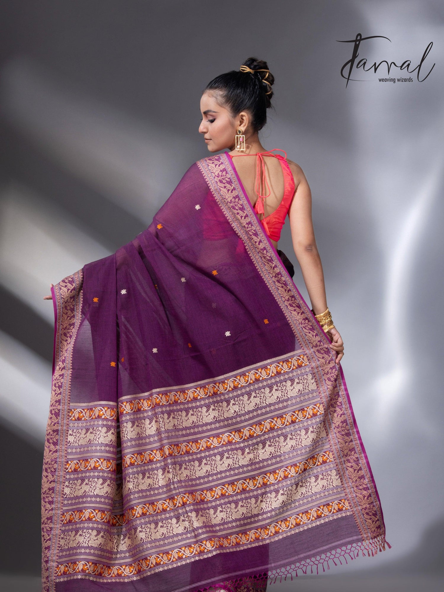 Magenta colour baluchari design pure cotton handloom saree