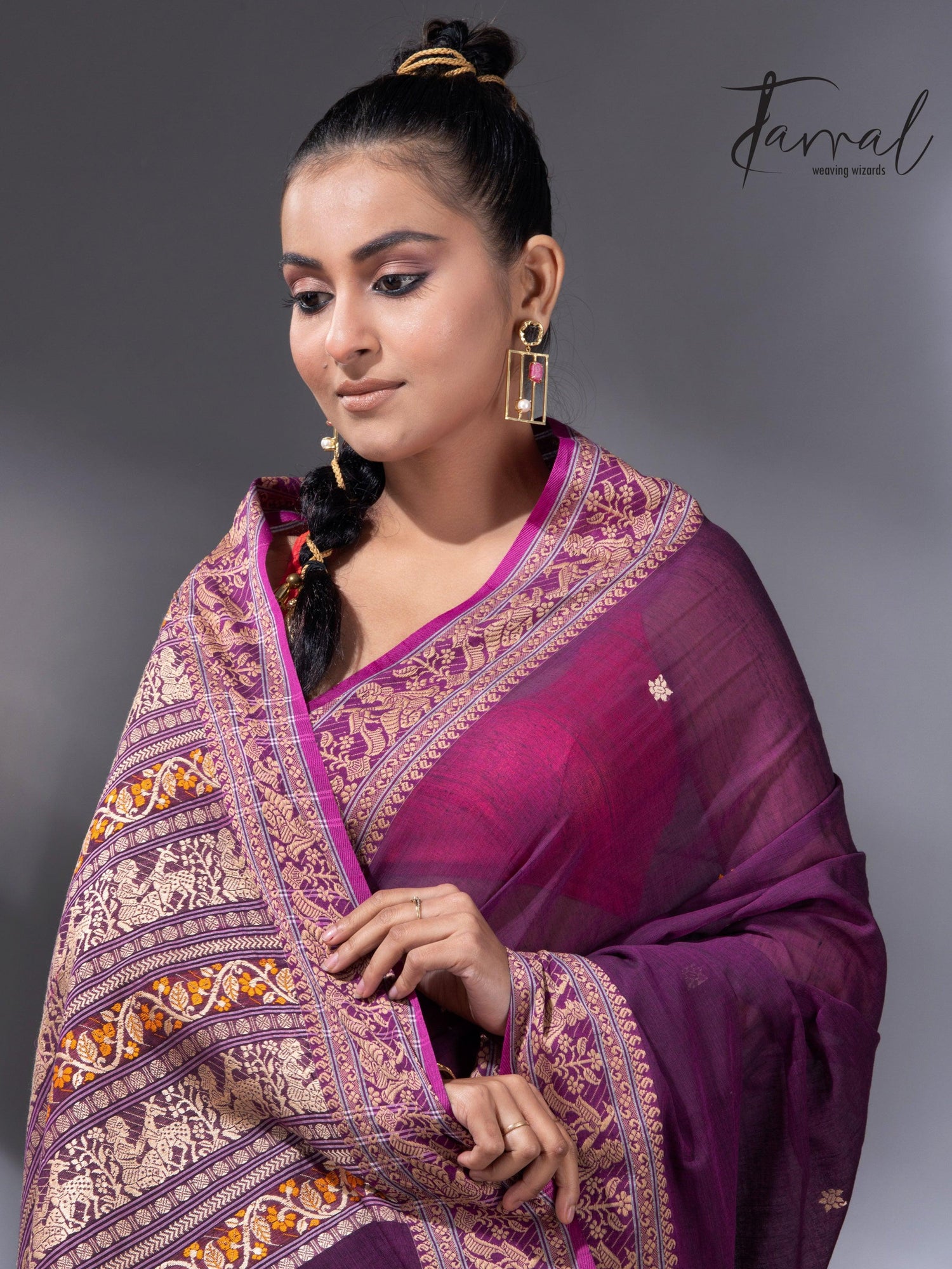 Magenta colour baluchari design pure cotton handloom saree