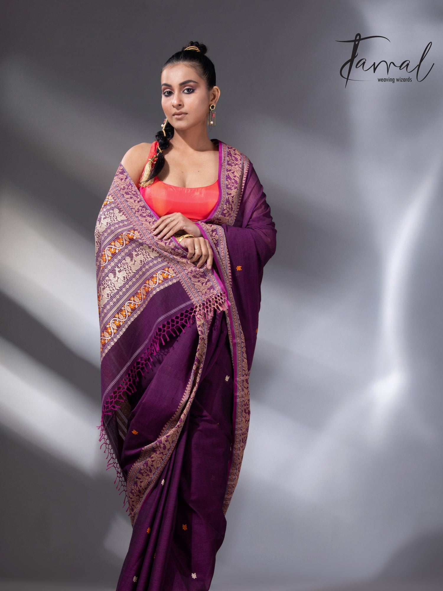 Magenta colour baluchari design pure cotton handloom saree