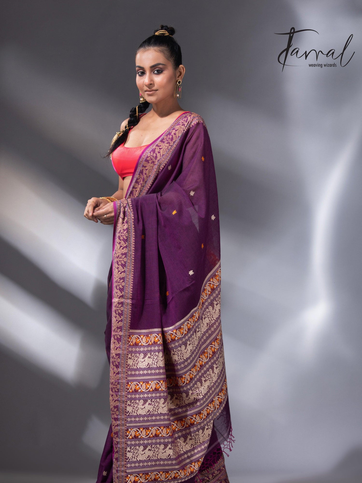 Magenta colour baluchari design pure cotton handloom saree