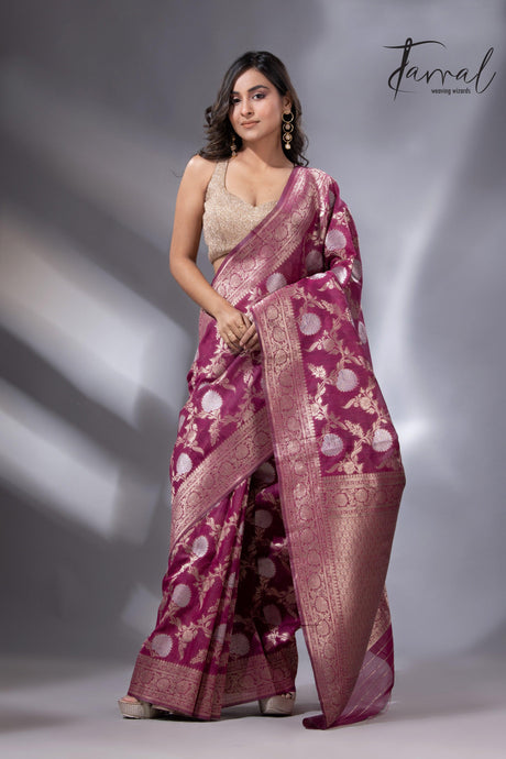 Magenta with golden & silver zari Cotton Linen Handloom Saree