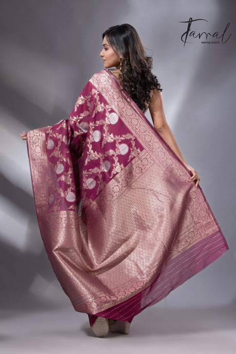 Magenta with golden & silver zari Cotton Linen Handloom Saree back