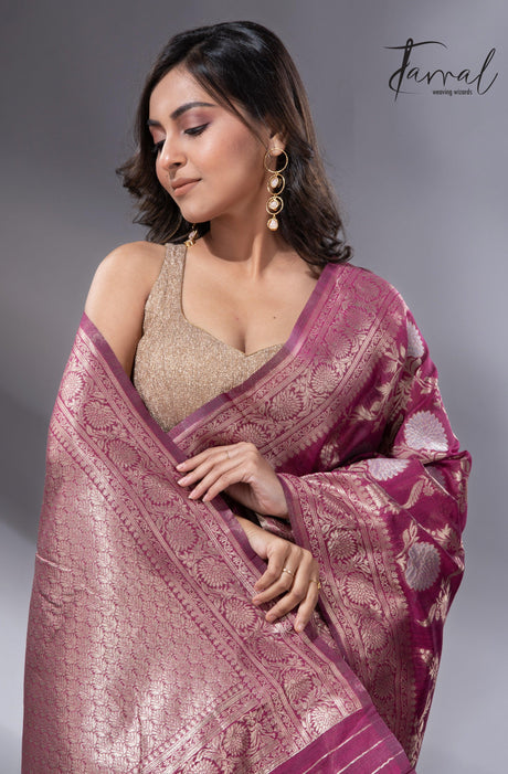 Magenta with golden & silver zari Cotton Linen Handloom Saree cls
