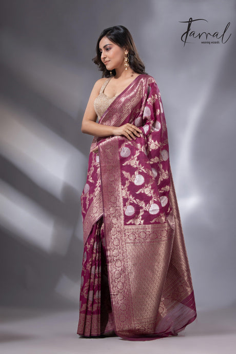Magenta with golden & silver zari Cotton Linen Handloom Saree full3