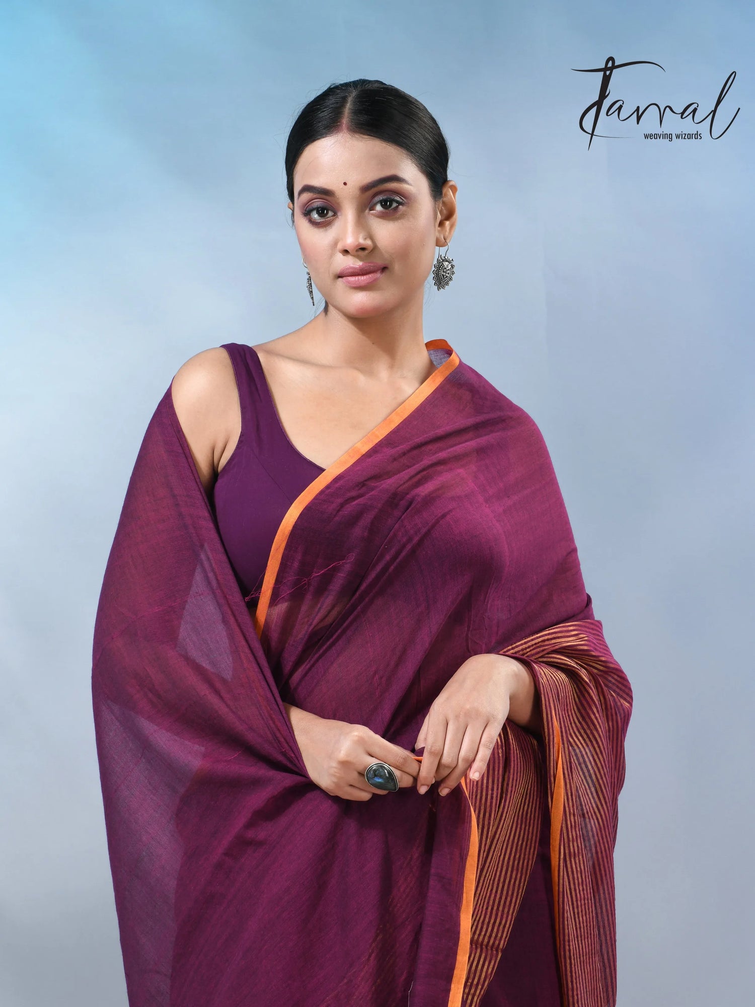 Magenta with yellow border cheack mul cotton handloom saree