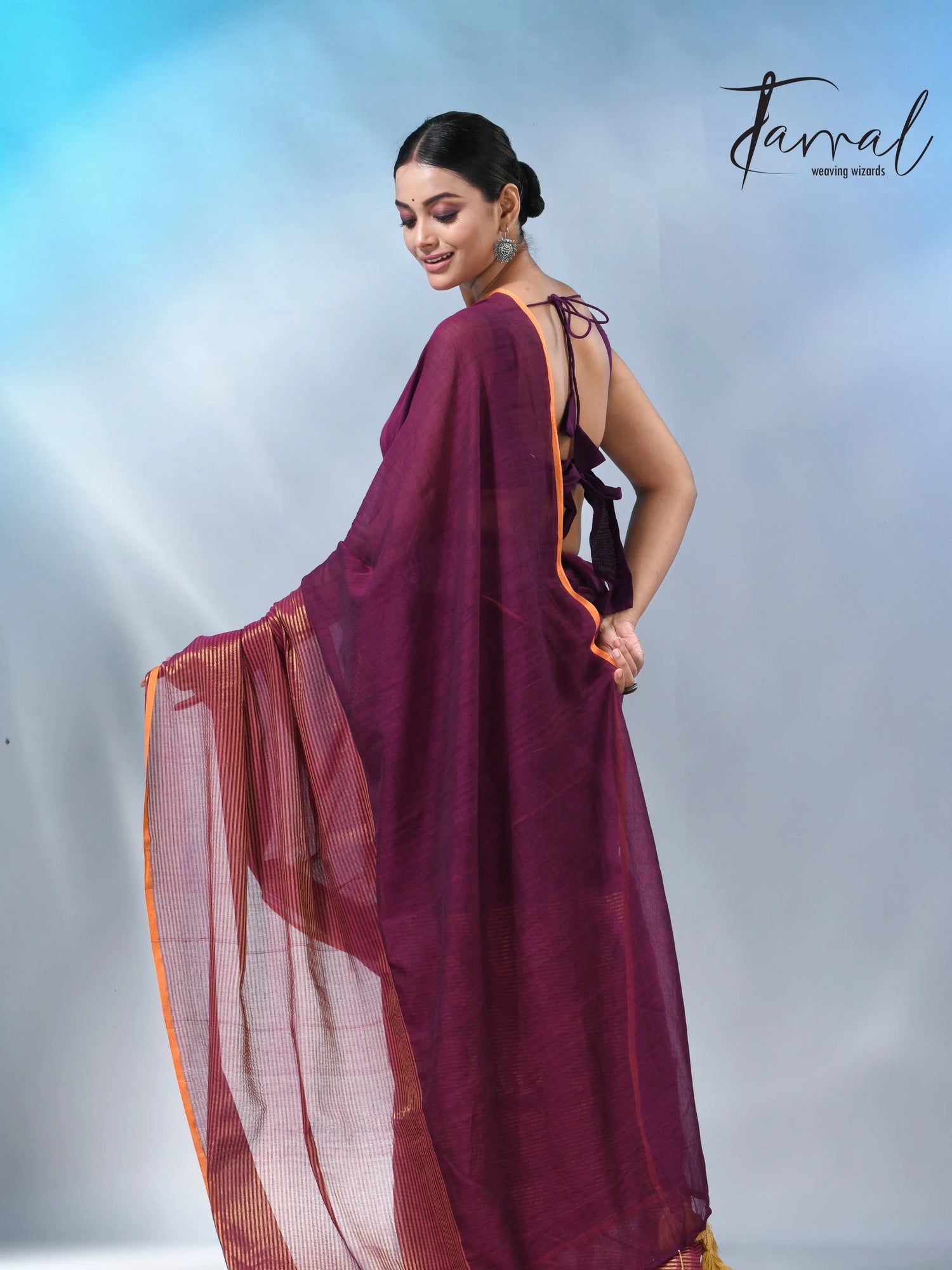 Magenta with yellow border cheack mul cotton handloom saree