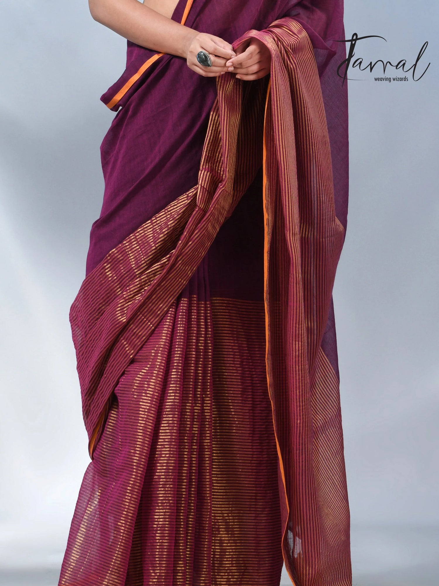 Magenta with yellow border cheack mul cotton handloom saree