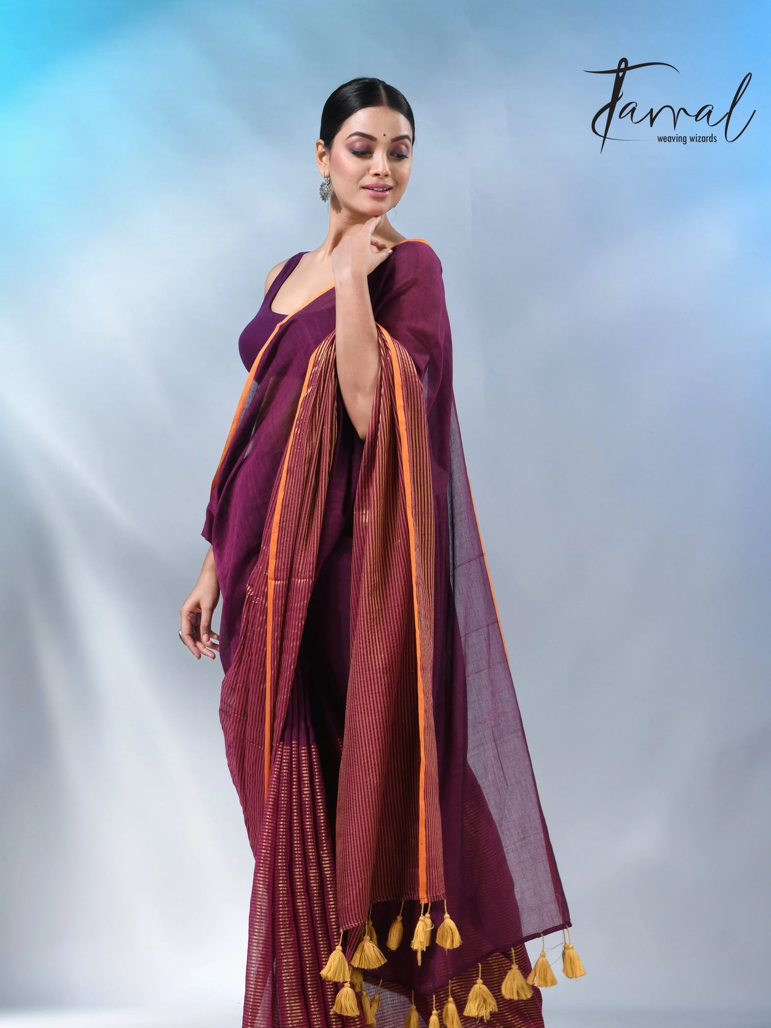 Magenta with yellow border cheack mul cotton handloom saree