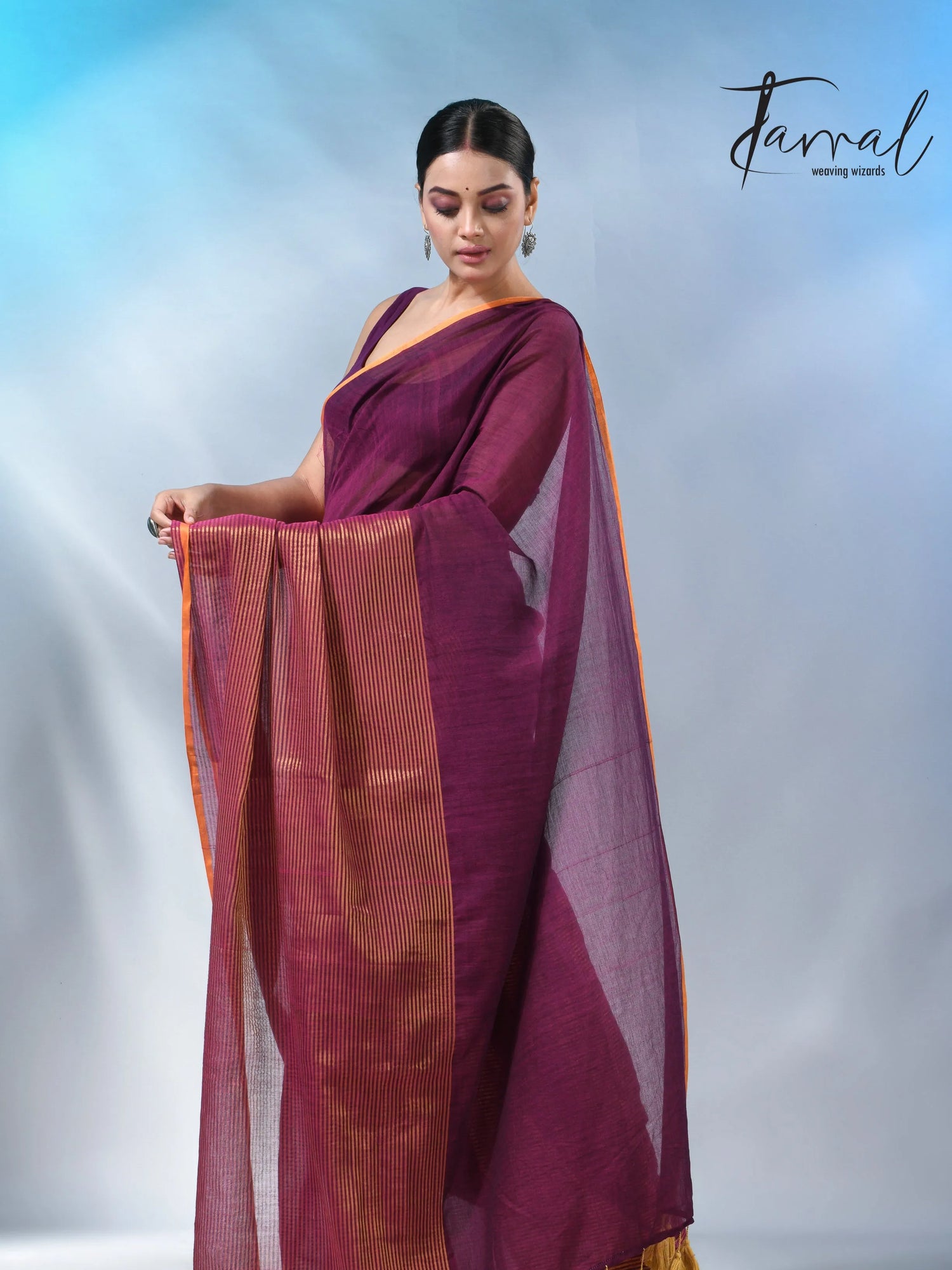 Magenta with yellow border cheack mul cotton handloom sarees